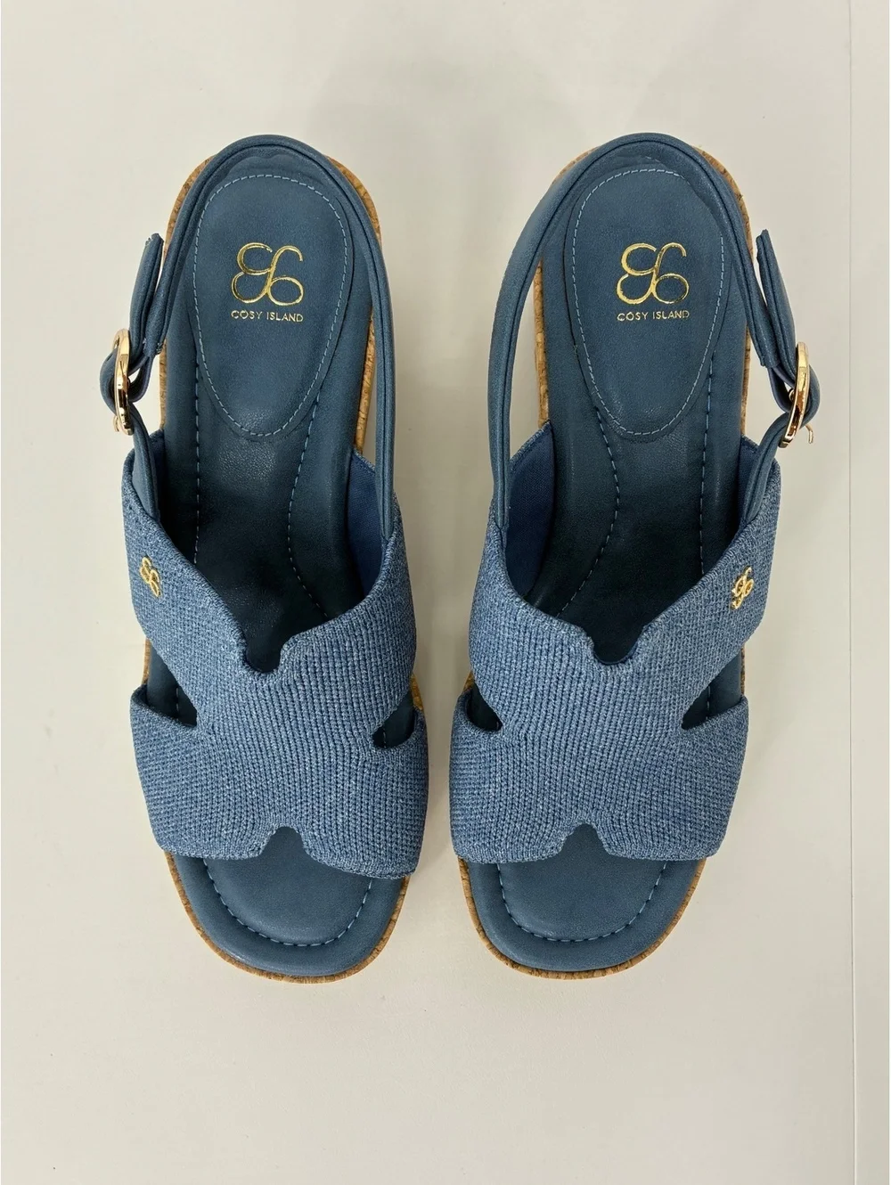 Cosy Island CorkLuxe H-Band Square Toe Blue Fabric Wedge Sandal Women's Size 7
